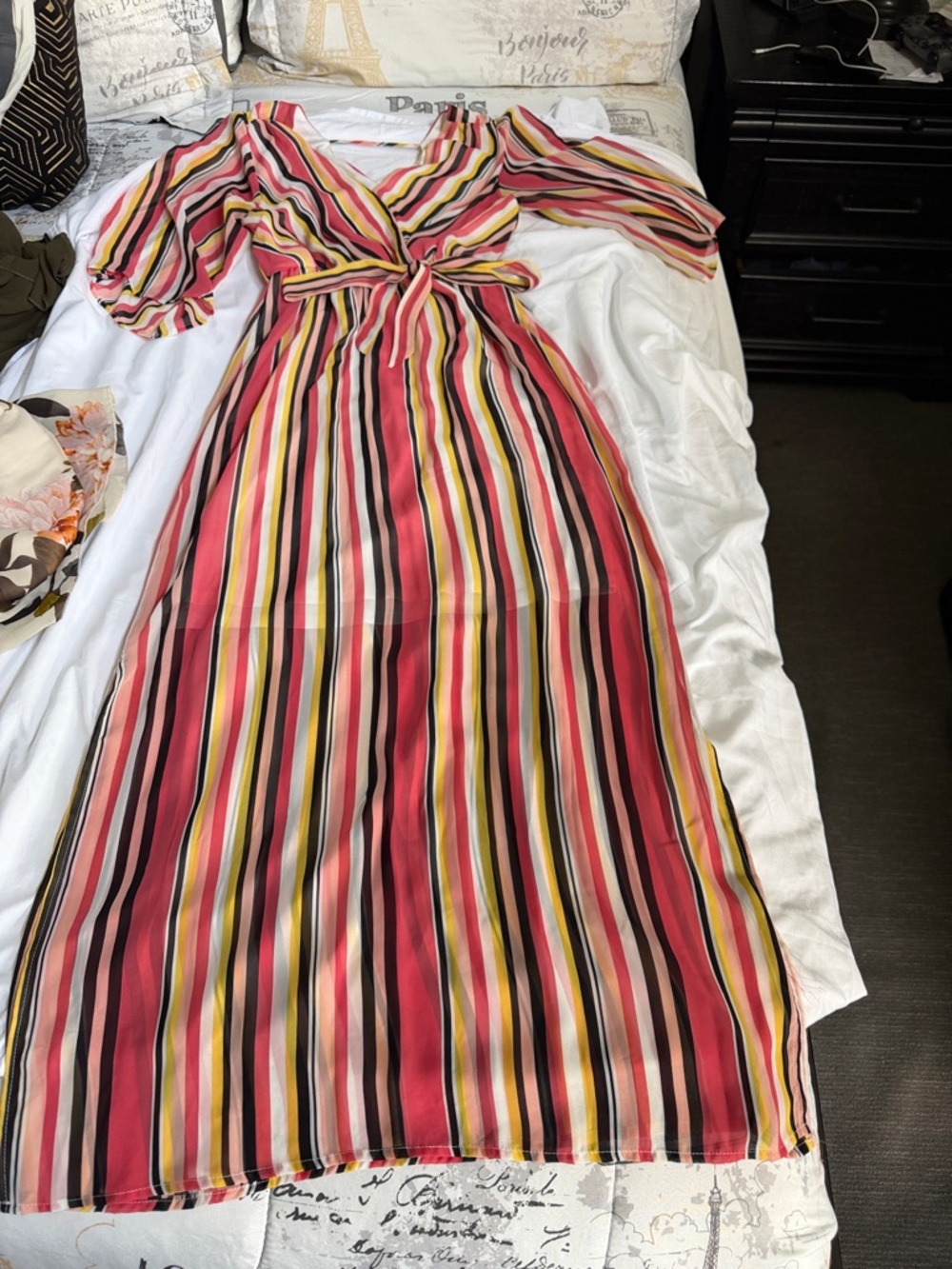 Robert Louis Striped V-Neck Maxi Dress in Red, Pink, Yellow and Black
